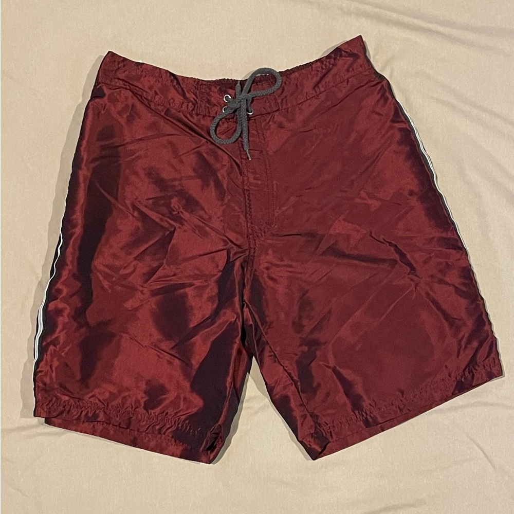 Men's Burgundy Swim Trunks with Drawstring - Medium - Blue Marlin T.C. - Y2K
